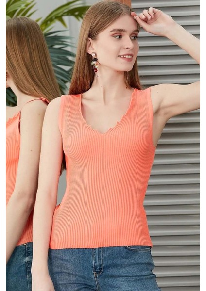Merdiven Yaka Kolsuz Ince Yazlık Turuncu Triko Bluz modelleri