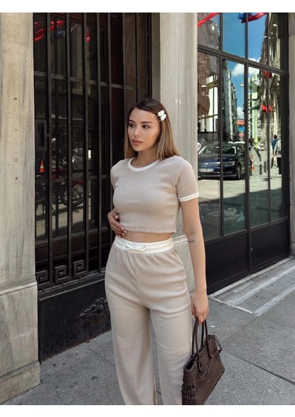 Bosel Crop Pantolon Biyeli Takım Bej modelleri