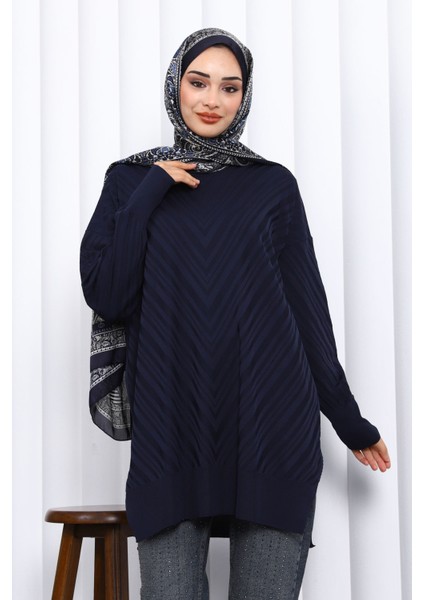 Lacivert Bisiklet Yaka Soğuk İplik Triko Tunik