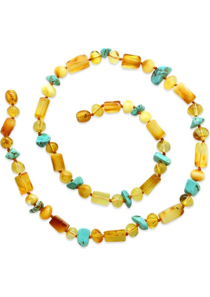 Doğal Form Bal Sarı Renkli Firuze Doğaltaş Süslemeli Hakiki Damla Kehribar Kadın Kolye