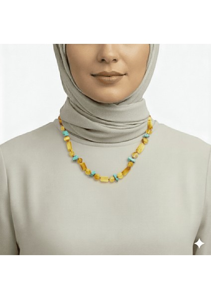 Doğal Form Bal Sarı Renkli Firuze Doğaltaş Süslemeli Hakiki Damla Kehribar Kadın Kolye modelleri