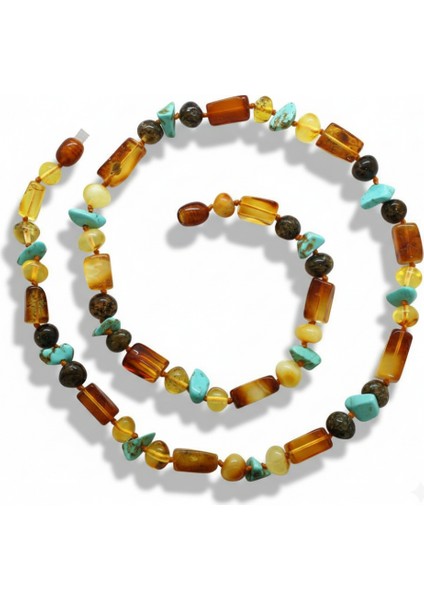 Doğal Form Çok Renkli Firuze Doğaltaş Süslemeli Hakiki Damla Kehribar Kadın Kolye