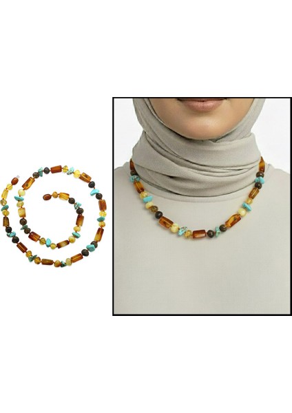 Doğal Form Çok Renkli Firuze Doğaltaş Süslemeli Hakiki Damla Kehribar Kadın Kolye fiyatları