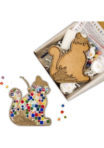 Çiçekli Kedi Mozaik Sanat Seti- Ahşap Figürlü Sanatsal Mozaik Çocuk Etkinlik Seti-Kendin Yap Seti
