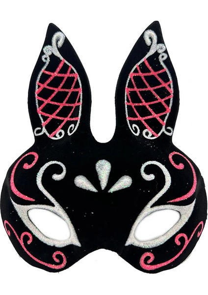 Ieg® Siyah Renk Kırmızı Beyaz Simli Siyah Süet Kaplama Tavşan Maskesi 18X16 cm (4887)
