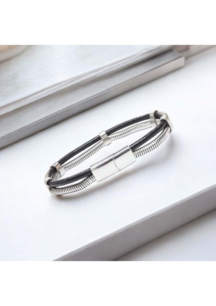 Erkek Spiral Çelik Zincir ve Deri Bileklik modelleri