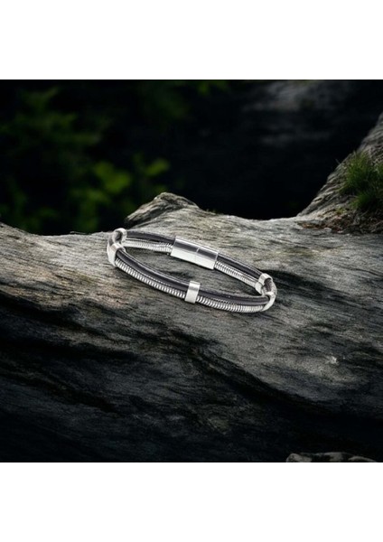 Erkek Spiral Çelik Zincir ve Deri Bileklik fırsatları