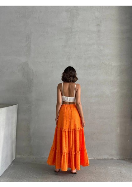 Lvsqvr Fırfırlı Brodeli Astarlı Uzun Etek Turuncu S255047 (Beden: L) fırsatları