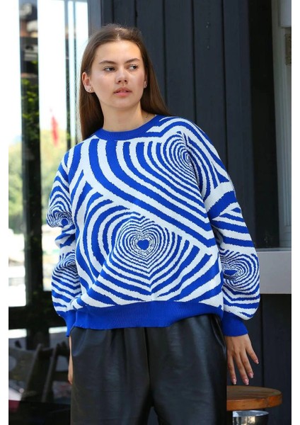 Lvsqvr Beyaz Kalp Çizgili Kazak Saks Mavisi (Beden: Standart)