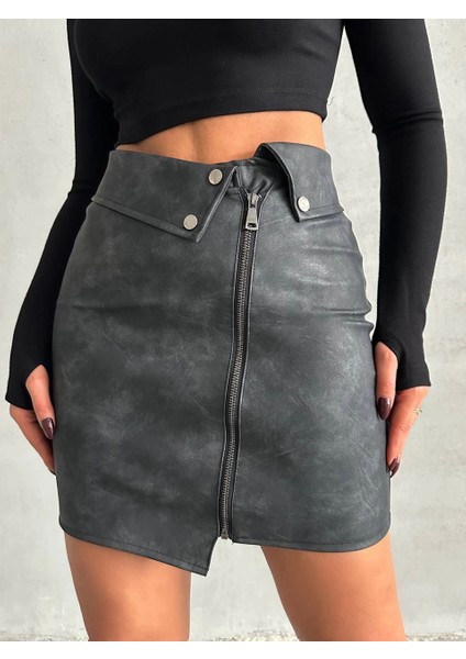 Mtxdpn Beli Pervazlı Fermuarlı Eskitme Deri Etek W24431 Siyah (Beden: S) modelleri