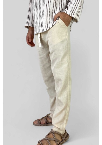 Bej %100 Pamuklu Erkek Keten Pantolon