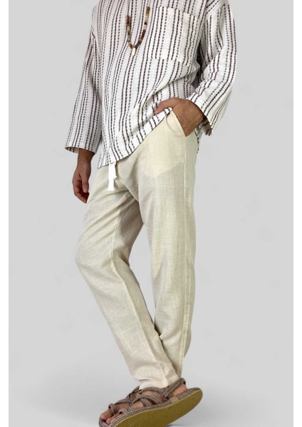 Bej %100 Pamuklu Erkek Keten Pantolon indirimleri