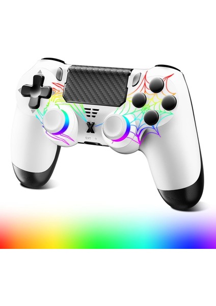 Kablosuz Ps4 Gamepad – Ps4/pc Uyumlu | Bluetooth Joystick, Dokunmatik Rgb Işıklı Panel, Çift Titreşim, 3.5mm Ses Çıkışı – Beyaz Spider Desen