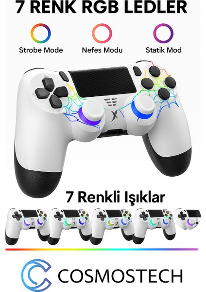 Kablosuz Ps4 Gamepad – Ps4/pc Uyumlu | Bluetooth Joystick, Dokunmatik Rgb Işıklı Panel, Çift Titreşim, 3.5mm Ses Çıkışı – Beyaz Spider Desen fiyatları