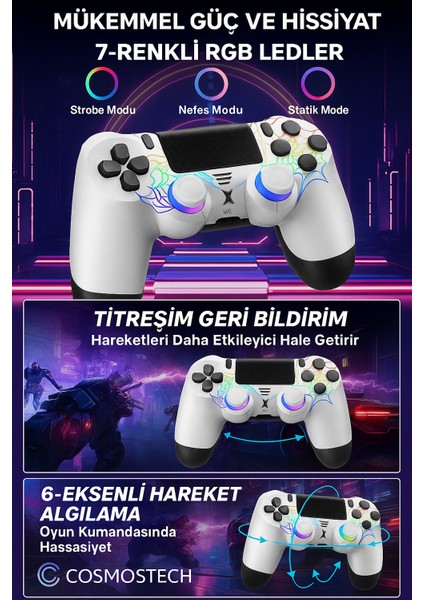 Kablosuz Ps4 Gamepad – Ps4/pc Uyumlu | Bluetooth Joystick, Dokunmatik Rgb Işıklı Panel, Çift Titreşim, 3.5mm Ses Çıkışı – Beyaz Spider Desen modelleri