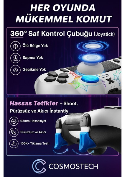 Kablosuz Ps4 Gamepad – Ps4/pc Uyumlu | Bluetooth Joystick, Dokunmatik Rgb Işıklı Panel, Çift Titreşim, 3.5mm Ses Çıkışı – Beyaz Spider Desen fırsatları