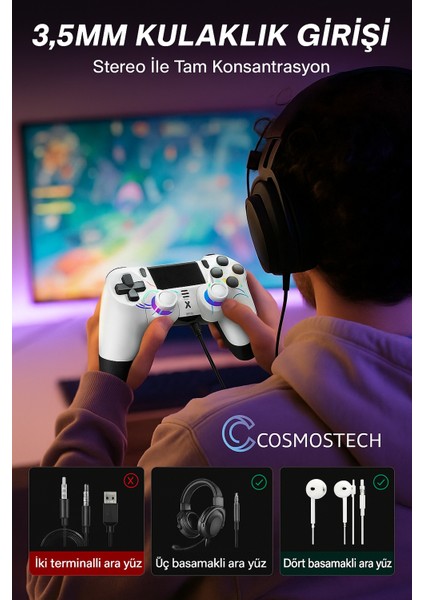 Kablosuz Ps4 Gamepad – Ps4/pc Uyumlu | Bluetooth Joystick, Dokunmatik Rgb Işıklı Panel, Çift Titreşim, 3.5mm Ses Çıkışı – Beyaz Spider Desen