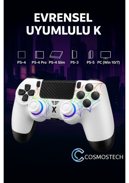 Kablosuz Ps4 Gamepad – Ps4/pc Uyumlu | Bluetooth Joystick, Dokunmatik Rgb Işıklı Panel, Çift Titreşim, 3.5mm Ses Çıkışı – Beyaz Spider Desen