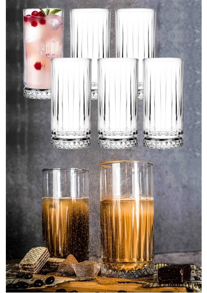 Zarif Kesme Tabanlı Uzun Cam Meşrubat Bardağı - 6’lı Set, 280 cc