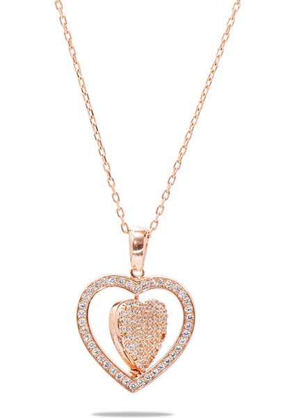 Zirkon Taşlı Kalp Model Rose Renk Isme Özel Yazılı 925 Ayar Gümüş Kadın Kolye