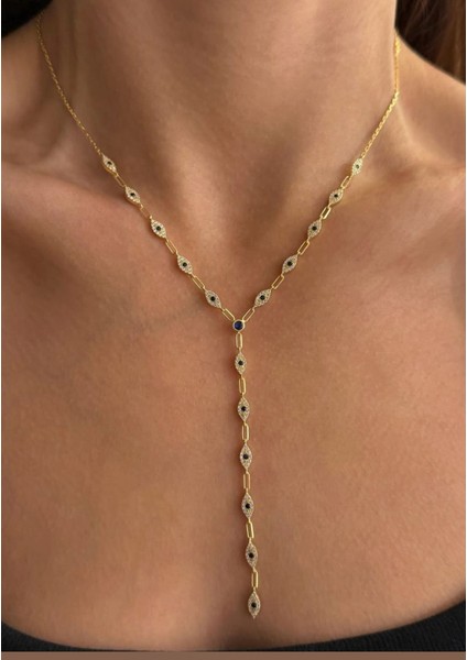 925 Gümüş | Lacivert Taşlı Göz Detaylı Y Kolye