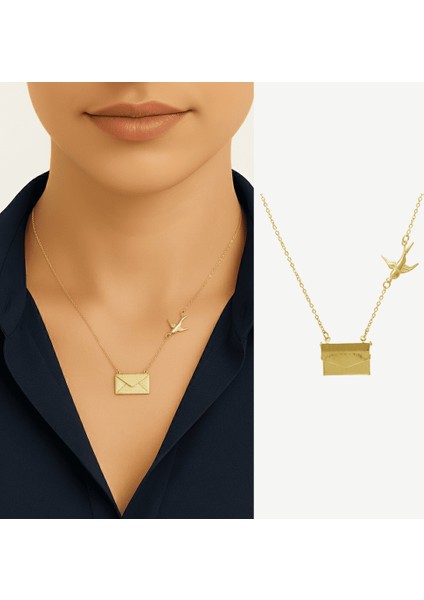 Kadın Çelik Kolye - Posta Güvercini Detaylı - Forse Zincirli - Isme Özel Yazılı - Altın Renk fiyatları