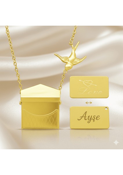 Kadın Çelik Kolye - Posta Güvercini Detaylı - Forse Zincirli - Isme Özel Yazılı - Altın Renk fırsatları
