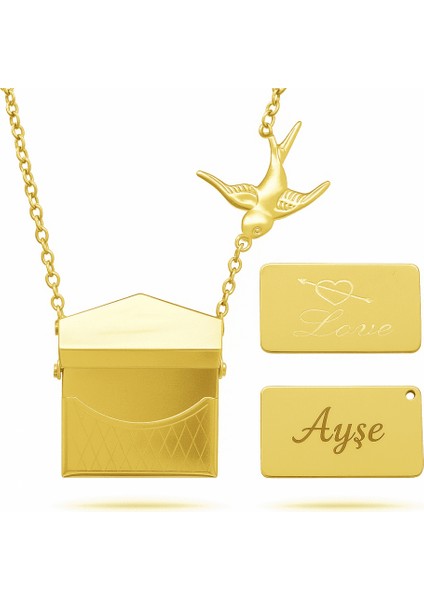 Kadın Çelik Kolye - Posta Güvercini Detaylı - Forse Zincirli - Isme Özel Yazılı - Altın Renk indirimleri