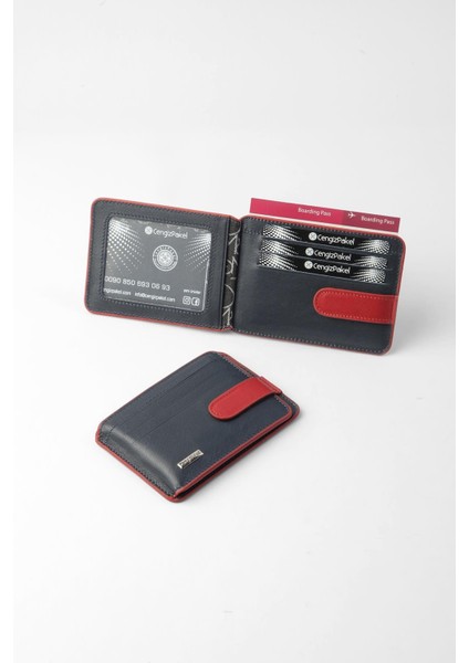 Hakiki Deri Minimalist Kartlık – 2521 - Lacivert/kırmızı