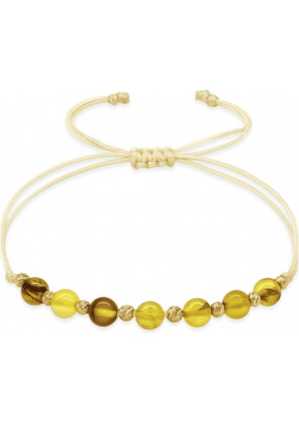 Makrome Örgülü Krem Ipli Dorika Top Süslemeli Sarı Renk Doğal Damla Kehribar Kadın Bileklik
