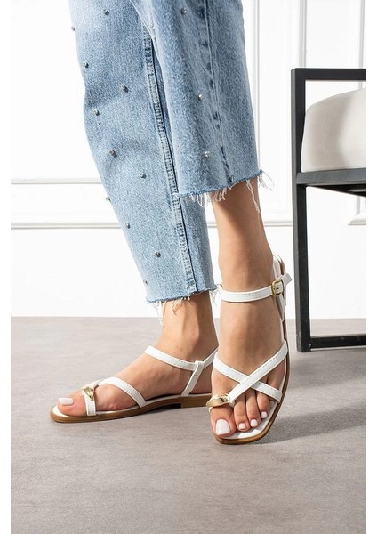 Nrtmsa Nordi Beyaz Cilt Kemerli Sandalet (Numara: 37)