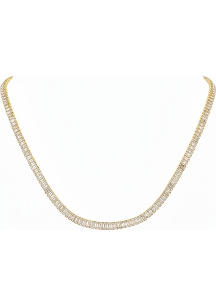 Çelik Taşlı Tennis Kolye Kararmaz Altın Rengi Tamtur Zirkon Abiye Takı