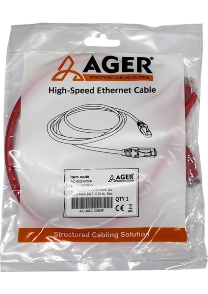 Ager AC-602-005 50CM Utp Cat6 Patch Kablo Kırmızı Cu, Lszh Awg 26/7