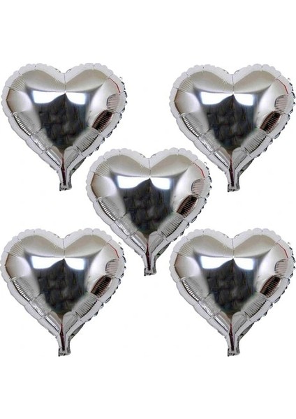 Ieg® Kalp Şekilli Gümüş Renk Folyo Balon 45 cm 5 Adet (4887)