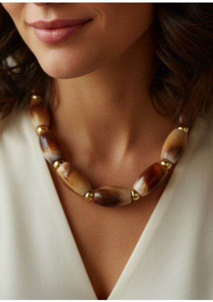 Gösterişli Akik Desenli Büyük Taneli Kolye Çelik Kahverengi Statement Takı