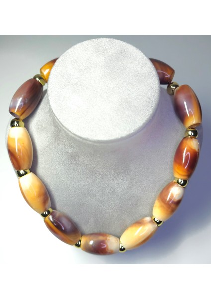 Gösterişli Akik Desenli Büyük Taneli Kolye Çelik Kahverengi Statement Takı fiyatları