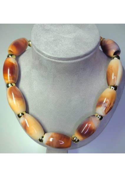 Gösterişli Akik Desenli Büyük Taneli Kolye Çelik Kahverengi Statement Takı modelleri