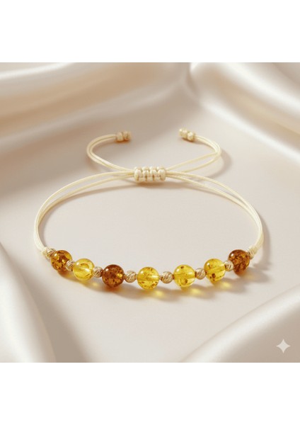 Makrome Örgülü Krem Ipli Dorika Top Süslemeli Sarı Renk Doğal Damla Kehribar Kadın Bileklik indirimleri