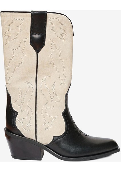 Kadın Siyah Bej Hakiki Deri Topuklu Çizme 4K2AB59149