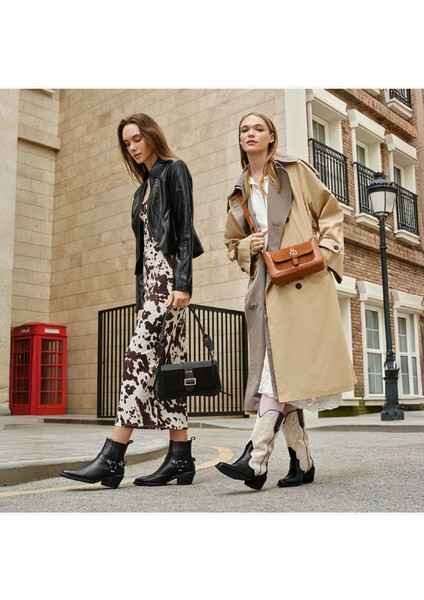 Kadın Siyah Bej Hakiki Deri Topuklu Çizme 4K2AB59149