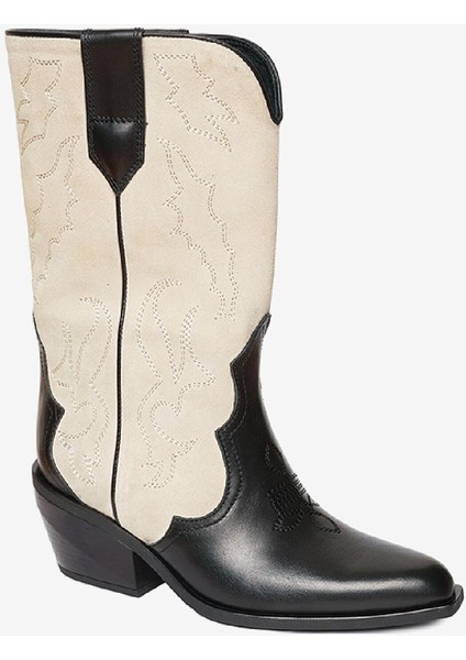 Kadın Siyah Bej Hakiki Deri Topuklu Çizme 4K2AB59149