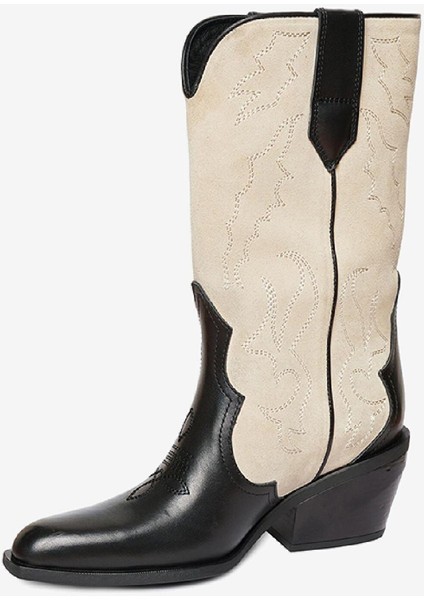 Kadın Siyah Bej Hakiki Deri Topuklu Çizme 4K2AB59149