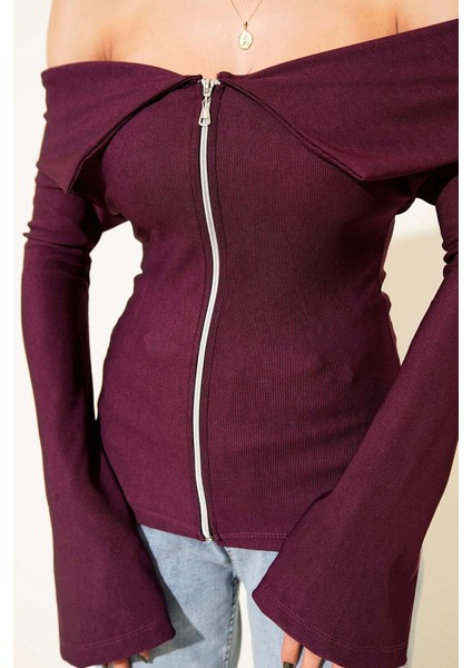 Lvsqvr Omzu Açık Fermuarlı Bluz Mürdüm T4330 (Beden: S) fırsatları