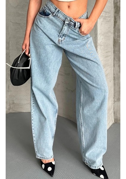 Baggy Kar Yıkama Buz Mavi Jeans Pantolon D2007