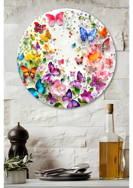 3D Görünümlü Temperli Cam Tablo – Çiçek ve Kelebek Temalı Duvar Süsü Uv Baskı 33X33 CM-CDS138