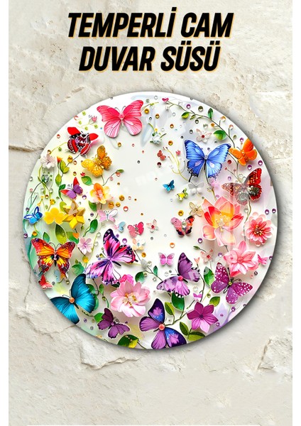 3D Görünümlü Temperli Cam Tablo – Çiçek ve Kelebek Temalı Duvar Süsü Uv Baskı 33X33 CM-CDS138 fiyatları