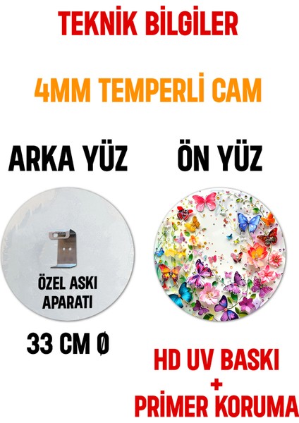3D Görünümlü Temperli Cam Tablo – Çiçek ve Kelebek Temalı Duvar Süsü Uv Baskı 33X33 CM-CDS138