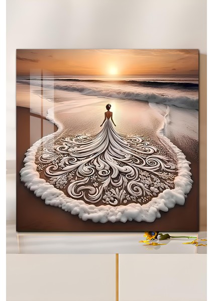 3D Görünümlü Temperli Cam Tablo – Gelin ve Deniz Teması Duvar Süsü Uv Baskı 33X33 CM-CTK148