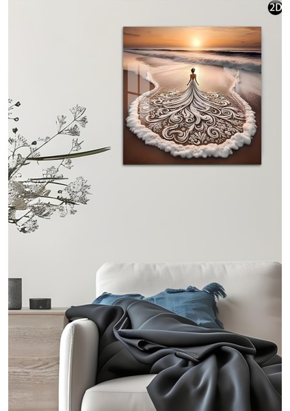 3D Görünümlü Temperli Cam Tablo – Gelin ve Deniz Teması Duvar Süsü Uv Baskı 33X33 CM-CTK148 indirimleri