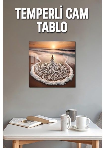 3D Görünümlü Temperli Cam Tablo – Gelin ve Deniz Teması Duvar Süsü Uv Baskı 33X33 CM-CTK148